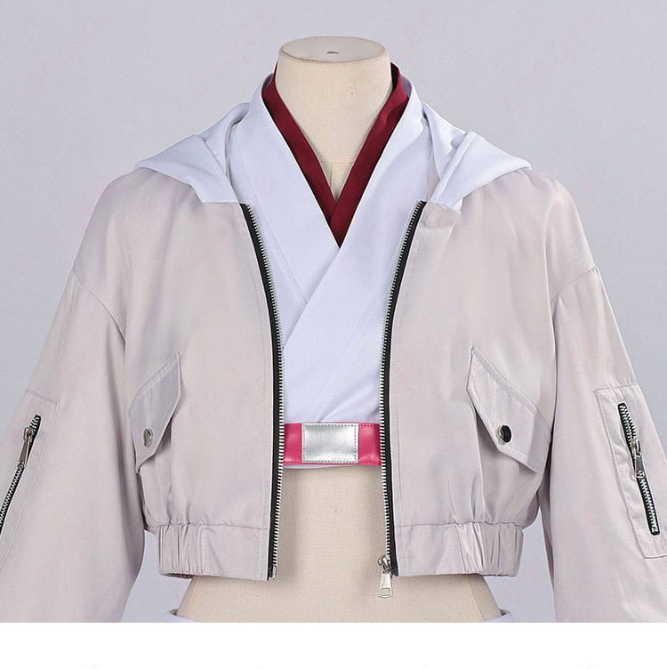 綾紬芦花 コスプレ衣装の襟元装飾ディテール。ネック周りのパターンとステッチが見える近接写真。