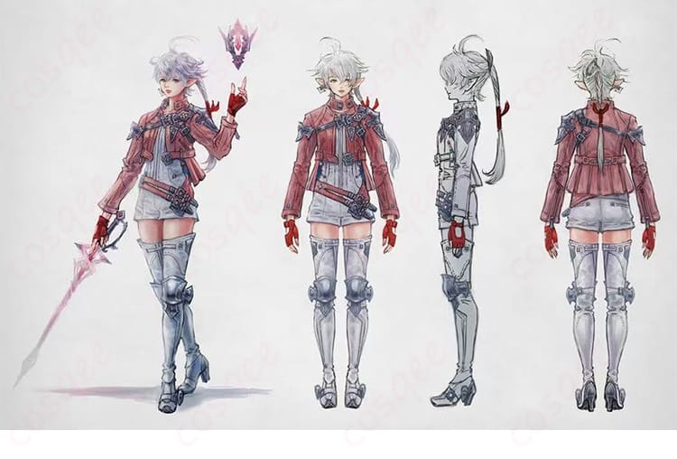 ファイナルファンタジーXIV アリゼー・ルヴェユール 暁月のフィナーレ衣装を全身で着用したコスプレ商品画像。発色の良い生地とハリ感あるシルエットが分かる構図。