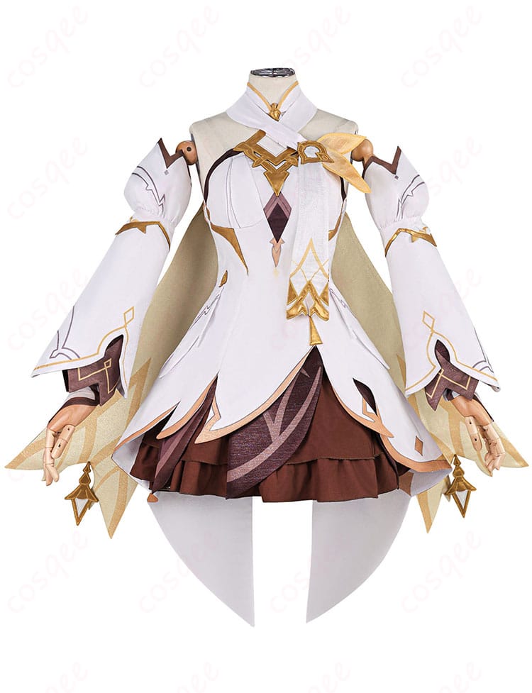 原神 旅人（蛍）コスプレ衣装の正面全体。胸元の意匠とAラインシルエットが分かる構図。