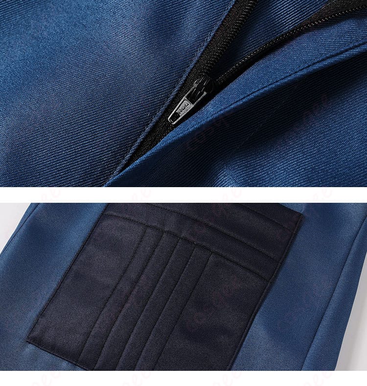 パンツのファスナーと装飾ステッチのクローズアップ