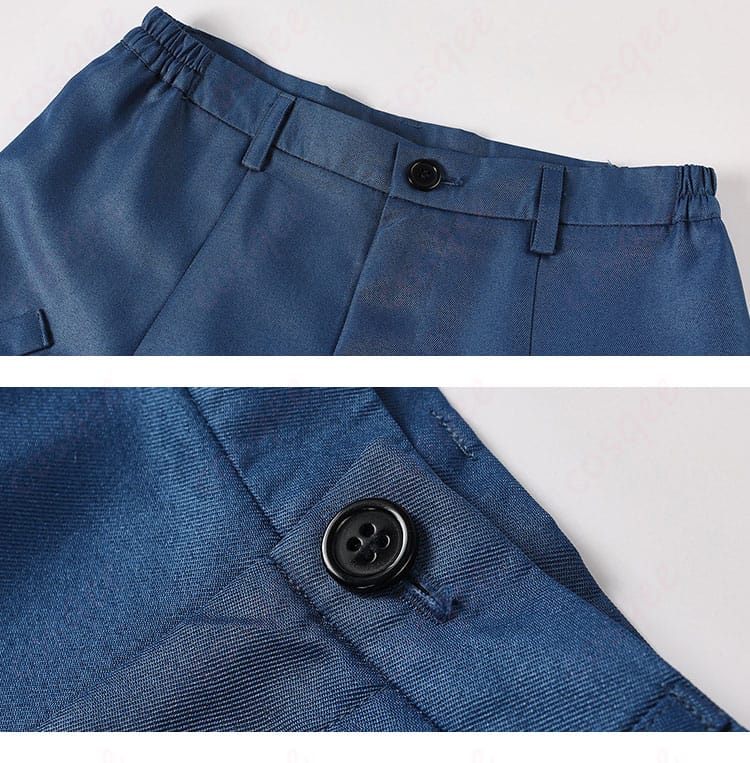 パンツのウエストまわりとフロントボタンの近接ディテール