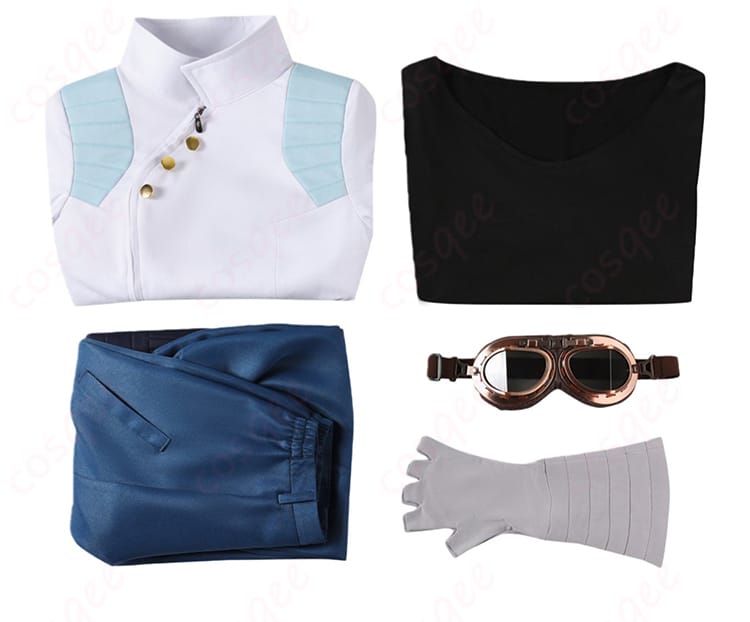 メリル・ストライフ衣装5点セット内容レイアウト（上着・ズボン・インナー・手袋・ゴーグル）