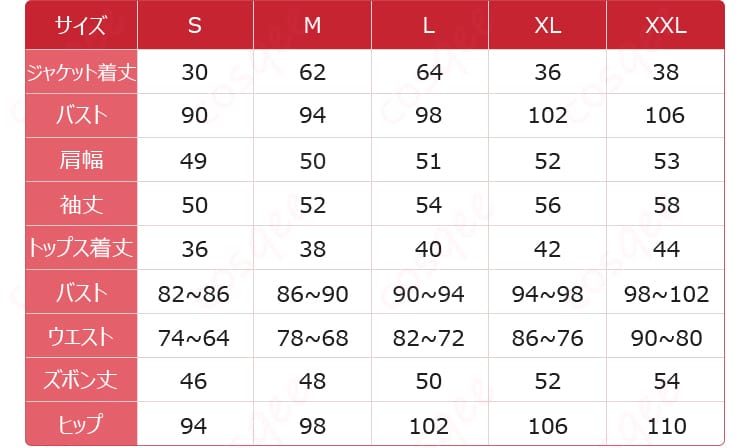 衣装のサイズ表（寸法ガイド）の全体画像