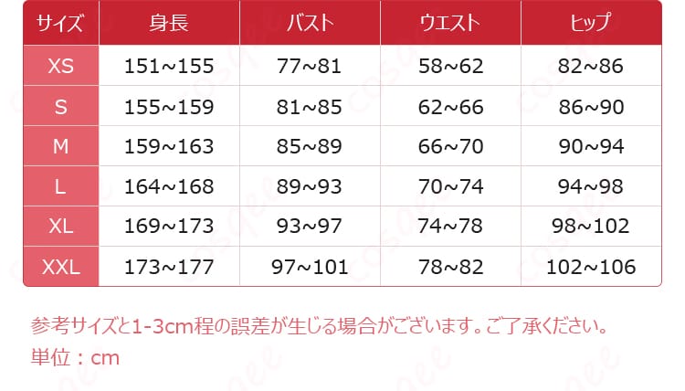 サイズ表と採寸ガイド（XS〜XXLの各寸法表示）
