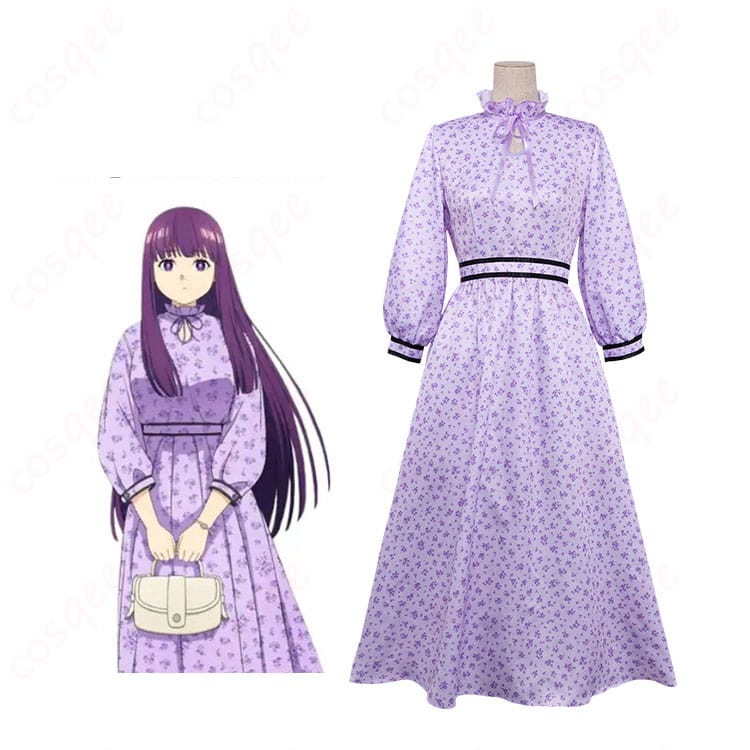 葬送のフリーレン フェルンの紫色小花柄ワンピースを着用したキャラクターイメージと衣装全体