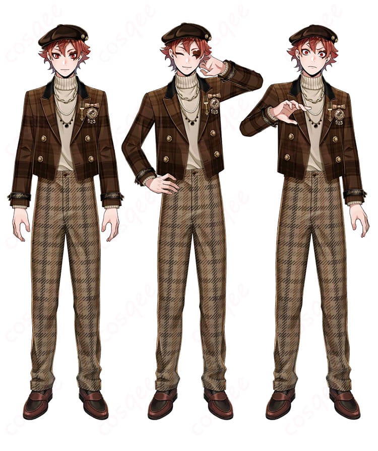 エース・トラッポラのラ・ボンボニエール衣装を全身で撮影した商品画像。コート、トップス、ズボン、帽子、胸飾り、ネックレス、リストバンドのセット内容がひと目で分かる構図。