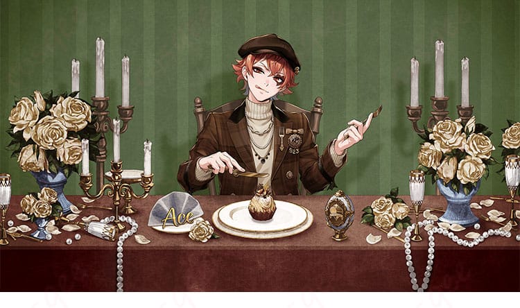 エース・トラッポラが食事シーンを想起させるポーズで着用するラ・ボンボニエール衣装のイメージカット。上品で華やかな雰囲気とクールな佇まいを強調。