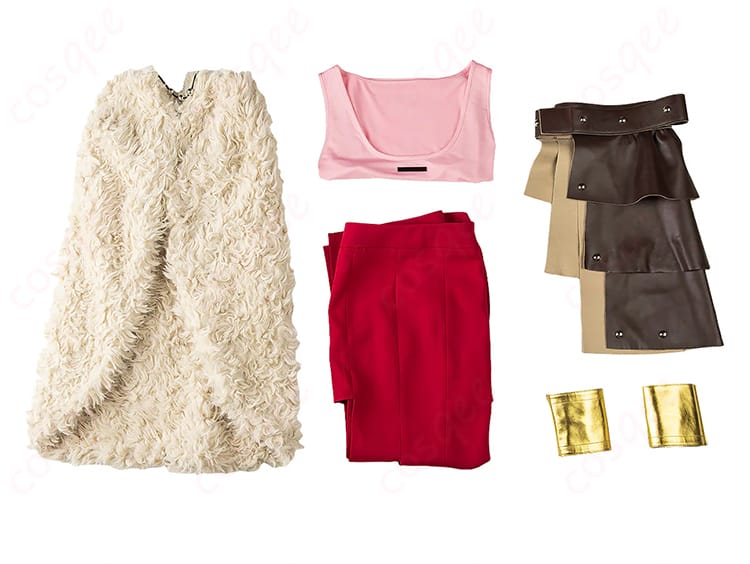 セット内容一式のレイアウト（トップス・スカート・マント・飾り・リストバンド）