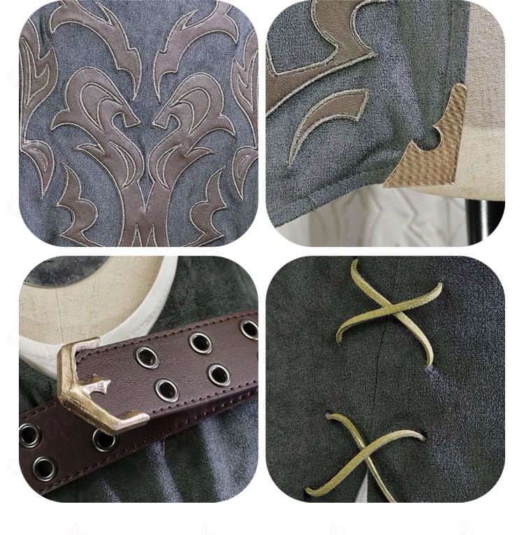 胸ベルトや縁取り、金具装飾の近接ディテール写真（ステッチと質感が分かる）