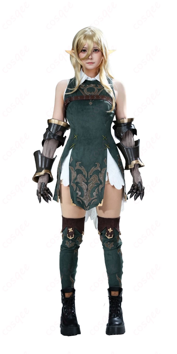 ルパ ファンタジー衣装の正面全体図（ワンピース・胸ベルト・手袋・レッグカバーの配置が分かる）