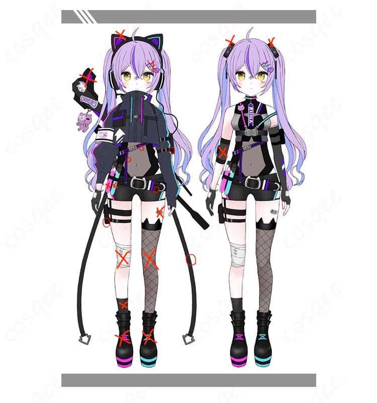 紫宮るな 第3衣装のサイバーパンクコスプレ一式を着用した正面全身イメージ。コート、レオタード、ショートパンツ、胸ベルトや腕章などのディテールが分かる構図。