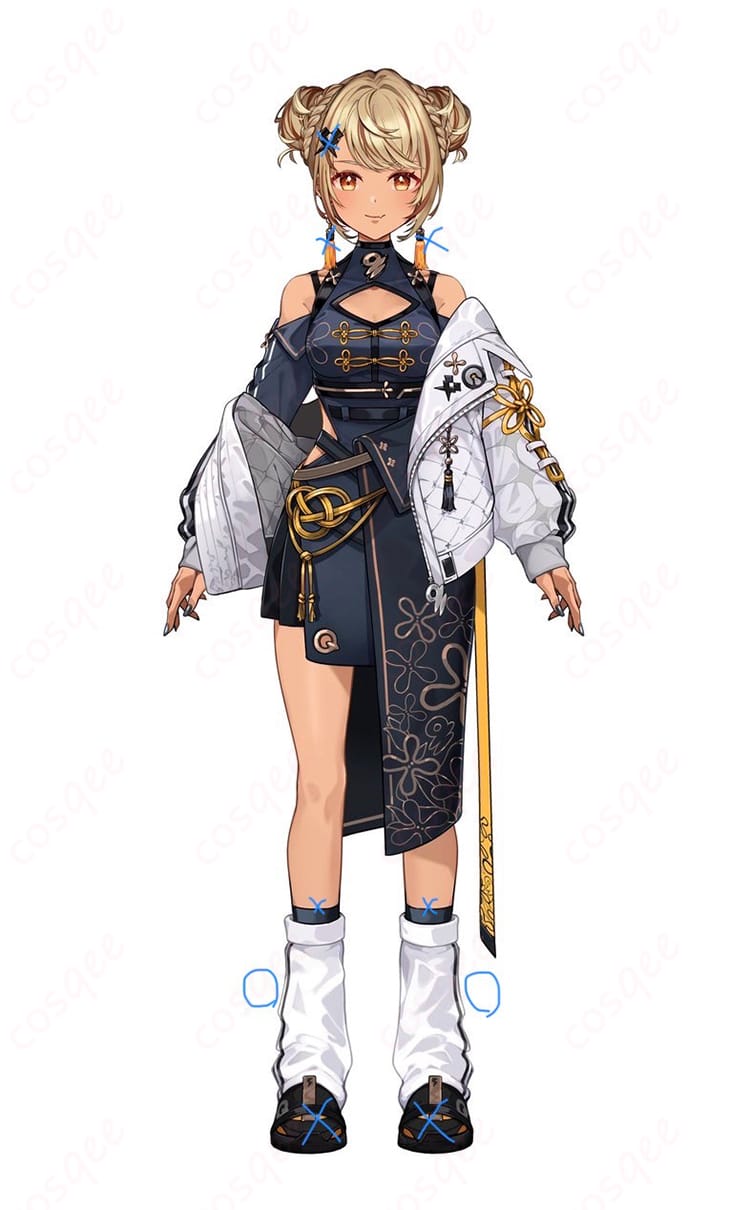 ぶいすぽっ！神成きゅぴのチャイナ×スポーティ新衣装コスプレ一式を着用した全身イメージ写真（コート・チャイナドレス・腰飾り・レッグカバー）