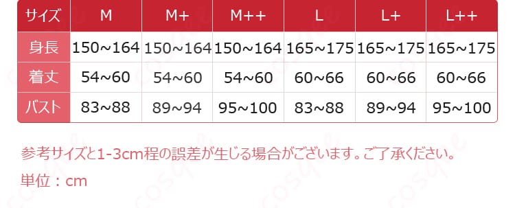 円堂シミコ マジカル衣装のサイズ表と各実測寸法ガイド