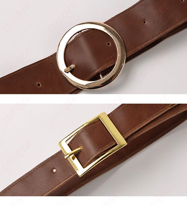 腰ベルトの装飾クローズアップ。バックル、飾りパーツ、位置決めの工夫が見える