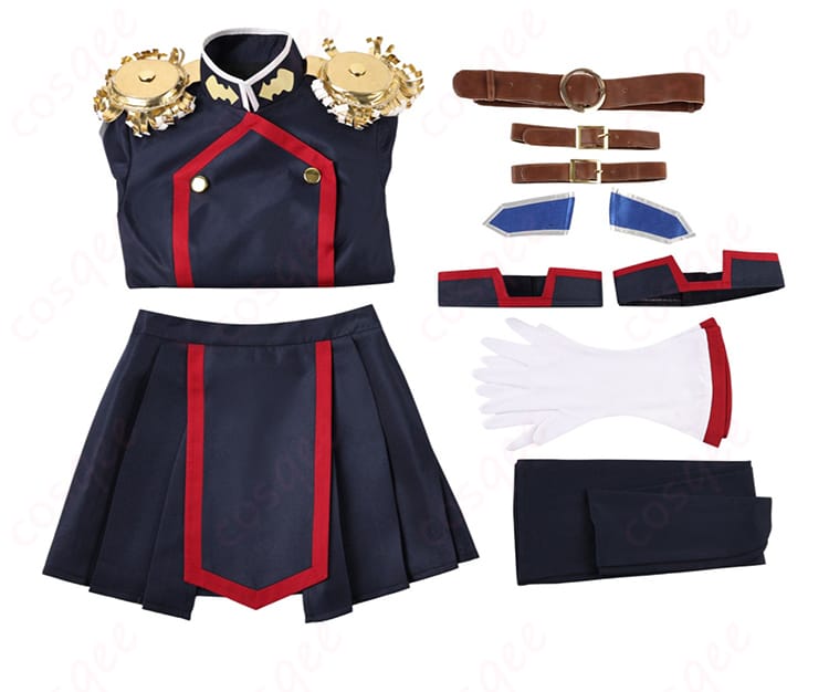 羽前京香 コスプレセット内容一覧。トップス、スカート、ベルト、手袋、靴下、太もも飾り、髪飾りを整然と配置