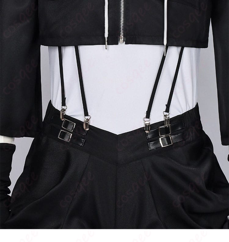 腰回りのサスペンダー固定部と金具パーツの詳細