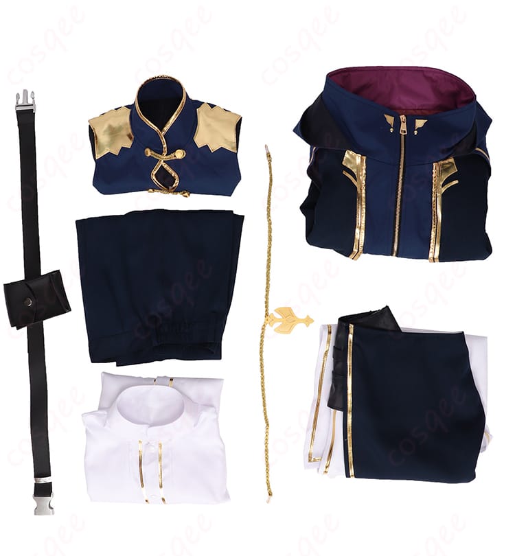 セット内容（コート、インナー、ズボン、腰布、ベルト、太もも飾り）を並べたフルセット構成画像