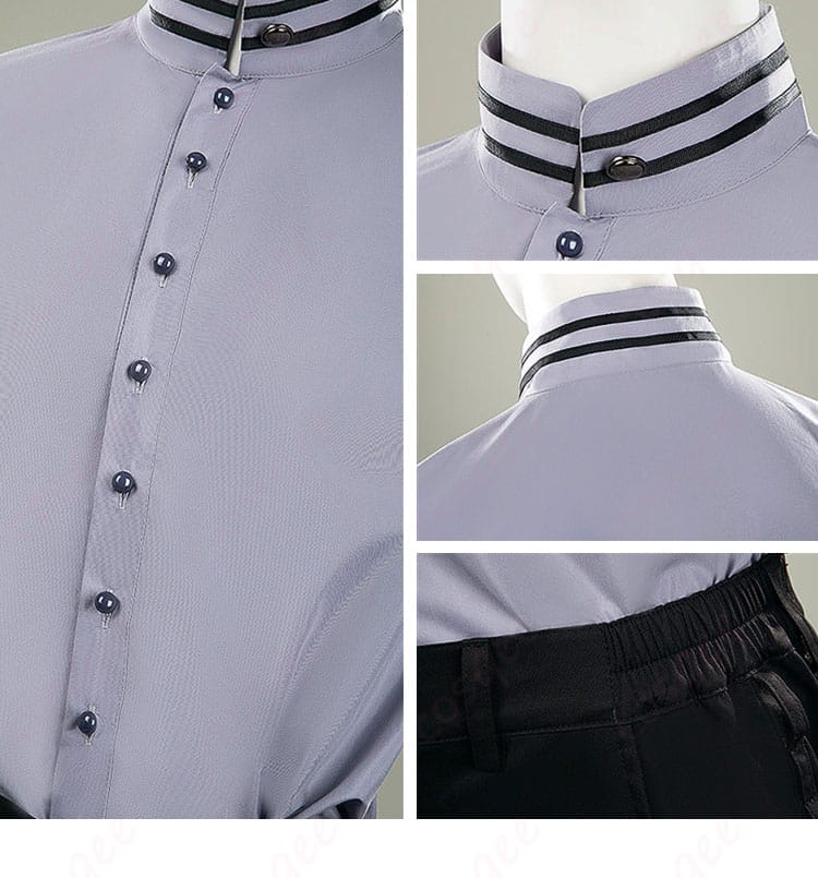 シャツ襟と前立てボタンの近接ディテール