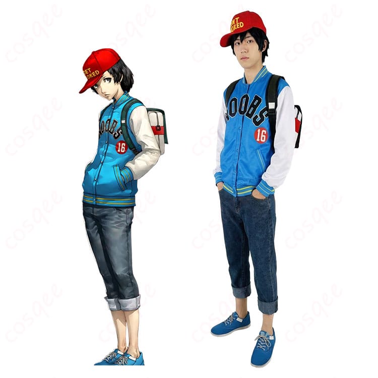 ペルソナ5 織田信也 コスプレ衣装 正面全身画像（スタジャン・シャツ・ズボン・帽子・腕章の着用例）