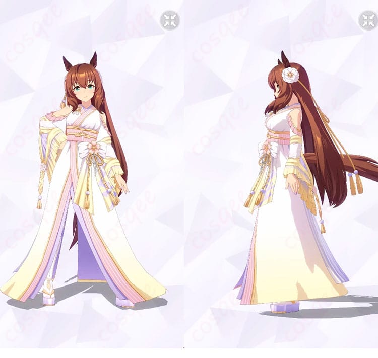 ウマ娘 プリティーダービー マルゼンスキー 祝ひ寿ぐ神速天女 新勝負服の正面と左側全身。和装エレガントなシルエットと装飾ディテールがわかる商品画像