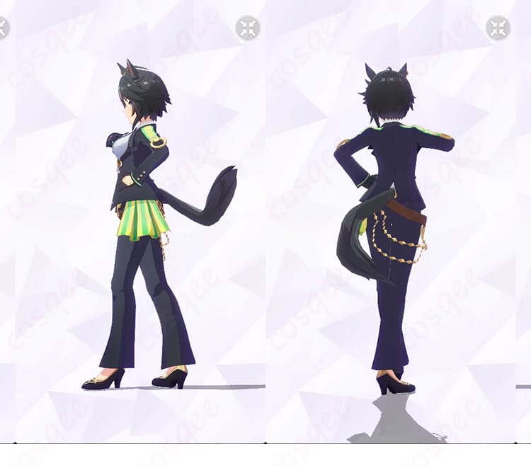 フジキセキ 勝負服「シューティンスタァ・ルヴュ」背面と右側面の全身イメージ。後ろ姿のラインと装飾バランスを確認できる商品画像。