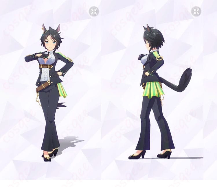 フジキセキ 勝負服「シューティンスタァ・ルヴュ」正面と左側面の全身イメージ。美シルエットと上品な配色が分かる商品画像。