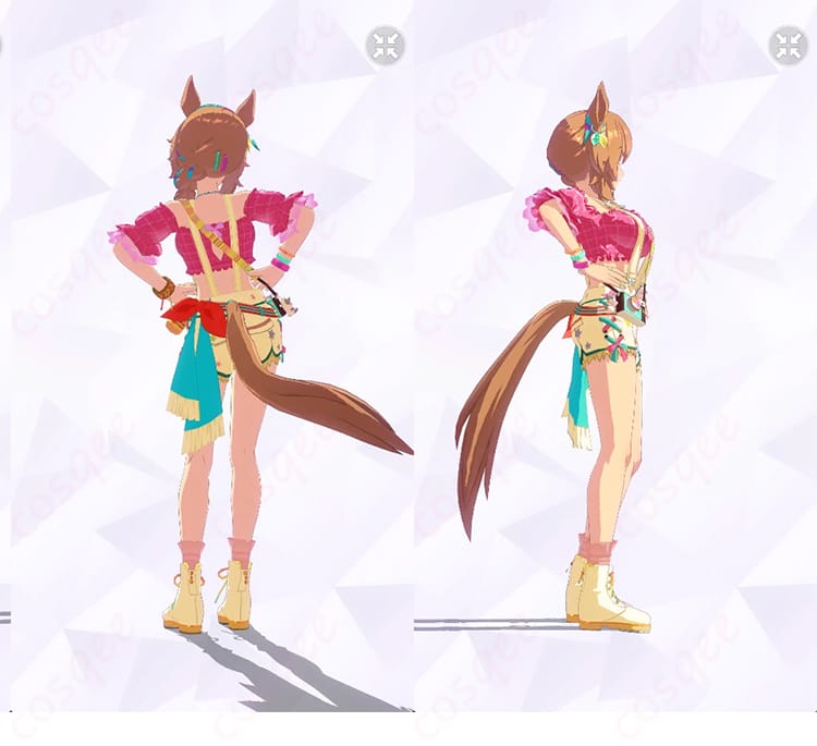 タイキシャトル「Bubblegum☆Memories」勝負服の背面と右側を写した商品画像。背面ファスナーの配置や装飾パーツの仕立てが分かります。