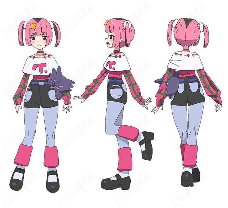 ポケットモンスター（アニポケ）学園系コスプレ衣装の全身とディテールが分かる画像。薄手で通気性が良く、小物固定と上品シルエットを強調。