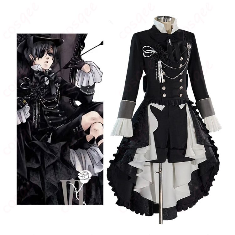黒執事 シエル・ファントムハイヴ 扉絵イラスト衣装を着用した全身イメージ。眼帯と指輪、帽子まで揃った高再現コーデの雰囲気を表現。