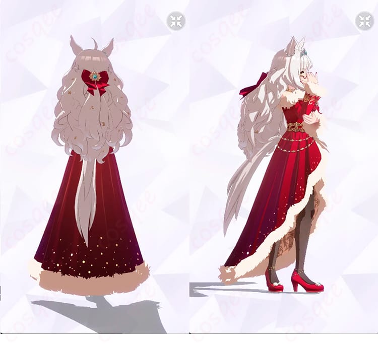 ビワハヤヒデ ノエルージュ・キャロルのコスプレ衣装 背面と右側ディテール。背面ファスナー仕様と腰飾りの構造が分かる角度。