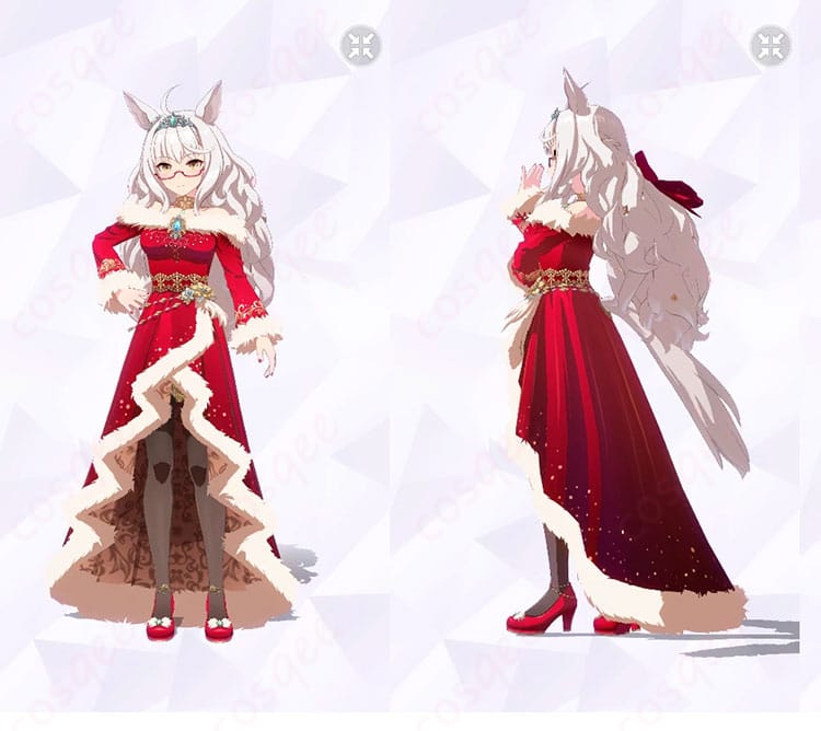 ビワハヤヒデ ノエルージュ・キャロルのコスプレ衣装 正面と左側ディテール。高コントラスト配色と装飾位置が分かる全体像。