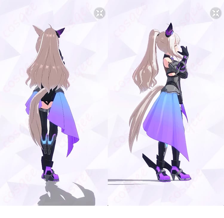 ビワハヤヒデ Engineered Victory 勝負服コスプレ衣装の背面・右側ビュー（背面構造と装飾固定の様子が分かる全身画像）