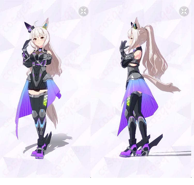 ビワハヤヒデ Engineered Victory 勝負服コスプレ衣装の正面・左側ビュー（シルエットとディテールが分かる全身画像）