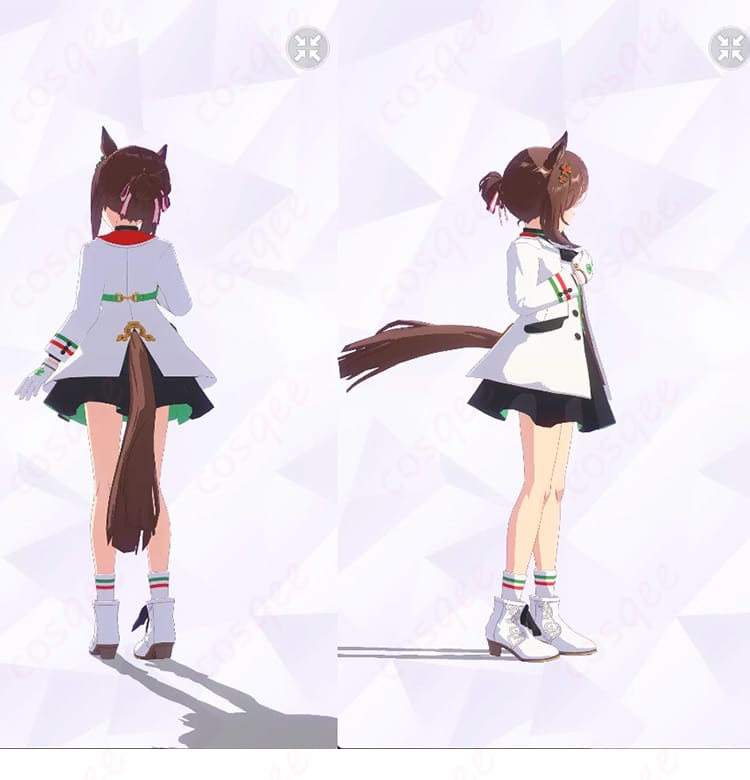 ウマ娘 ファインモーション 勝負服 Noble Seamairの衣装セット背面と右側面。バックのライン取りと着脱部の仕様が確認できる構図