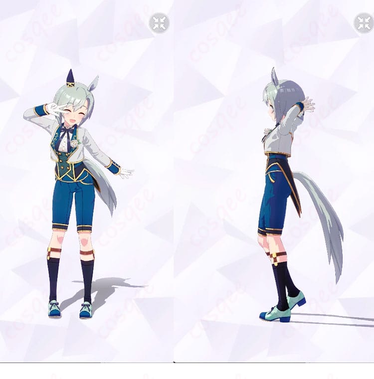 セイウンスカイ 勝負服「ソワレ・ド・シャトン」コスプレ衣装の正面と左側ディテール。コートの発色とコルセットの質感が分かる商品画像。