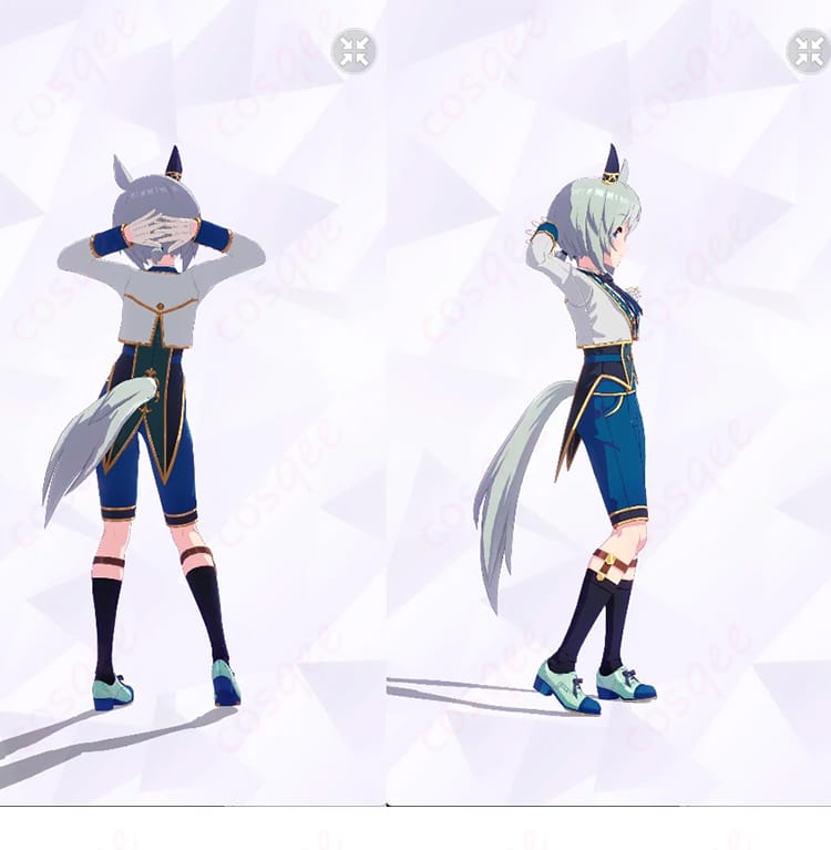 セイウンスカイ 勝負服「ソワレ・ド・シャトン」コスプレ衣装の背面と右側ディテール。背面シルエットとソックスガーターの構成が分かる商品画像。