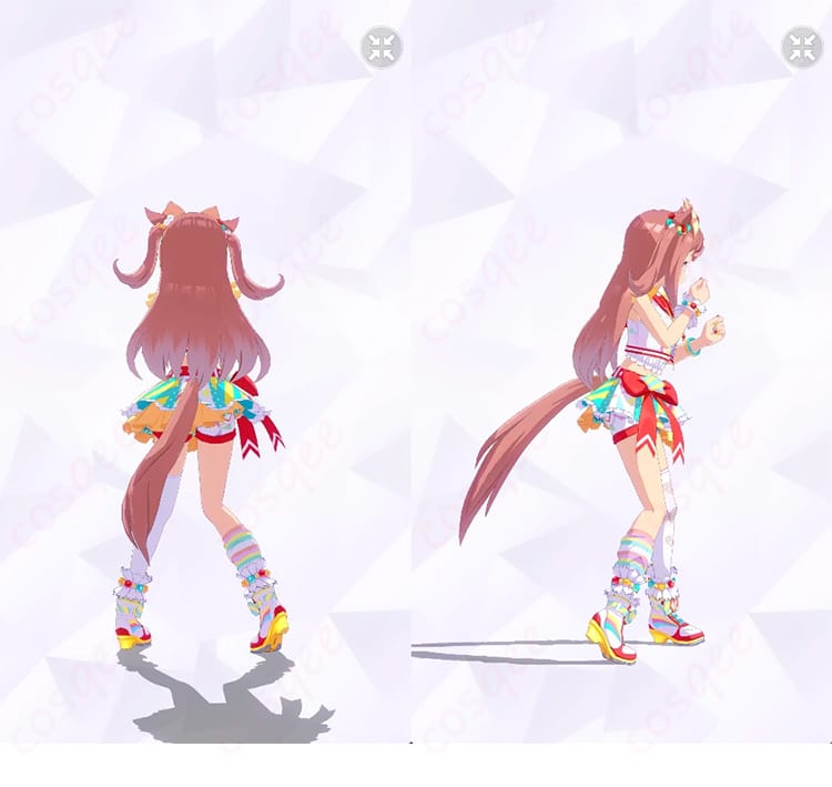 COSQEE製 ウマ娘 プリティーダービー アグネスデジタル 勝負服コスプレの背面・右側ディテール。背面のシルエット、ベルト位置、レッグカバーと足首飾りの配置が見える構図。