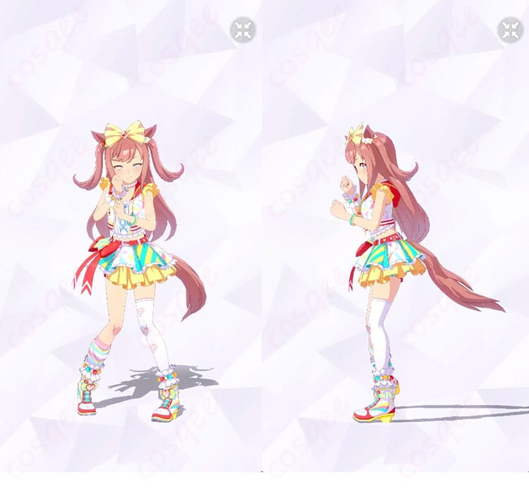 COSQEE製 ウマ娘 プリティーダービー アグネスデジタル 勝負服コスプレの正面・左側ディテール。トップスとスカート、ベルト・腰飾り・髪飾りの質感とシルエットが分かる構図。