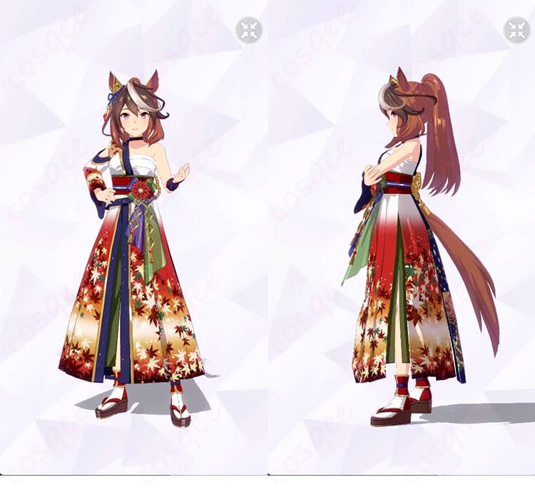 シンボリルドルフ 勝負服「皓月の弓取り」コスプレ衣装の正面と左側面。高コントラスト配色とハリ感あるシルエットが分かる全体像