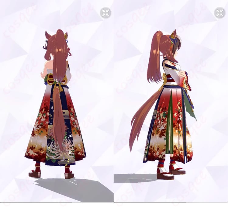 シンボリルドルフ 勝負服「皓月の弓取り」コスプレ衣装の背面と右側面。スカートのラインとベルト類の収まりが見える角度