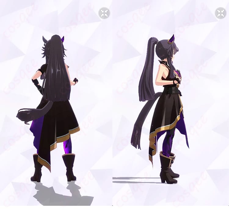 ナリタブライアン［餓狼］勝負服コスプレの背面と右側面。腰布の落ち感と背面シルエット、腕ベルトやレギンスのディテールを確認できる角度