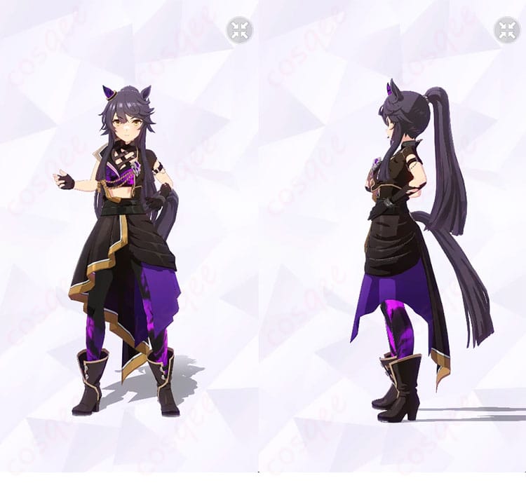 ナリタブライアン［餓狼］勝負服コスプレの正面と左側面。トップスとビスチェのシャープなライン、コルセットベルトと胸飾りの意匠が分かる構図