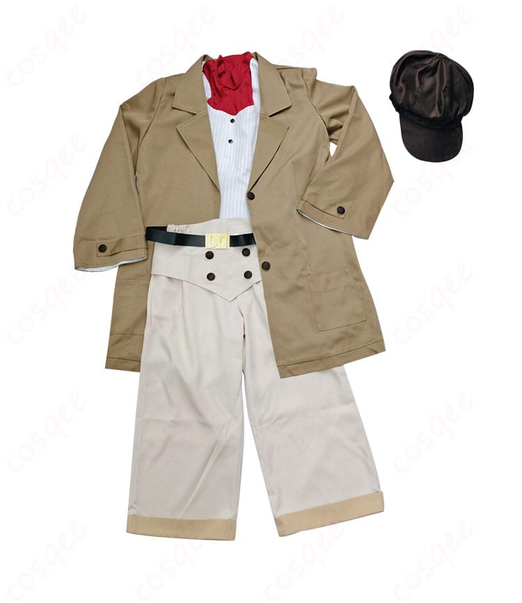 荒槇ヤクモ衣装のコート縁取りやベルト金具、帽子の装飾などディテールの近接写真。素材のハリ感と縫製を確認可能。