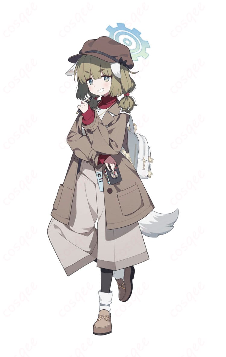 ブルーアーカイブ 荒槇ヤクモの公式衣装を着用した全身イメージ。コートと帽子が印象的なミリタリー風シルエットを再現。