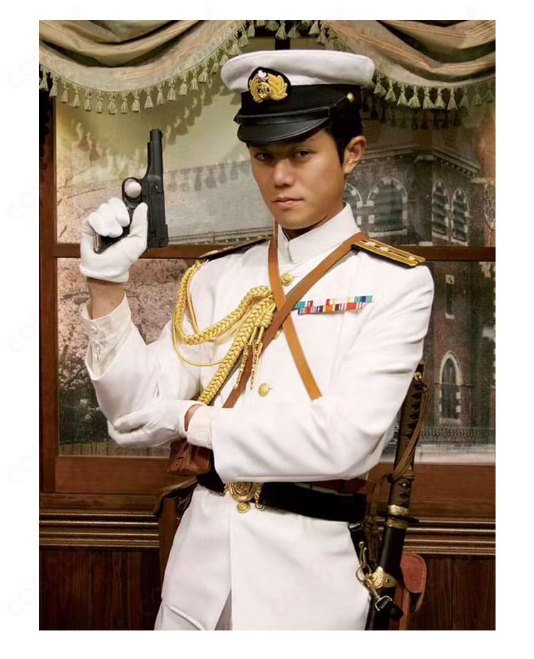 モデル着用の正面全身。はだけにくい前立て設計と端正な襟のディテールが分かる第二種軍装風コスプレ。