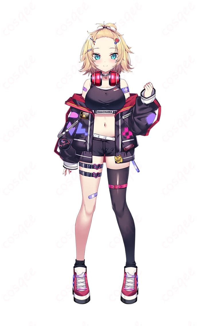 ホロライブ 赤井はあと ちゃまお衣装のフルコーデ全身イメージ。コート・ビスチェ・ショートパンツと各種ベルトを着用した前面ビュー