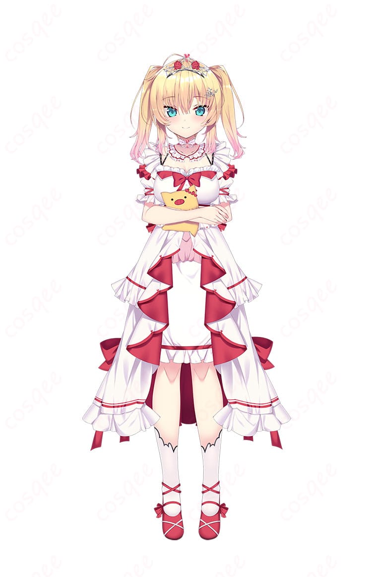 赤井はあと（はあちゃま）のドレス衣装コスプレ 正面全身。高コントラスト配色とつけ襟・靴下のセット着用例で、可愛くセクシーな雰囲気を強調。