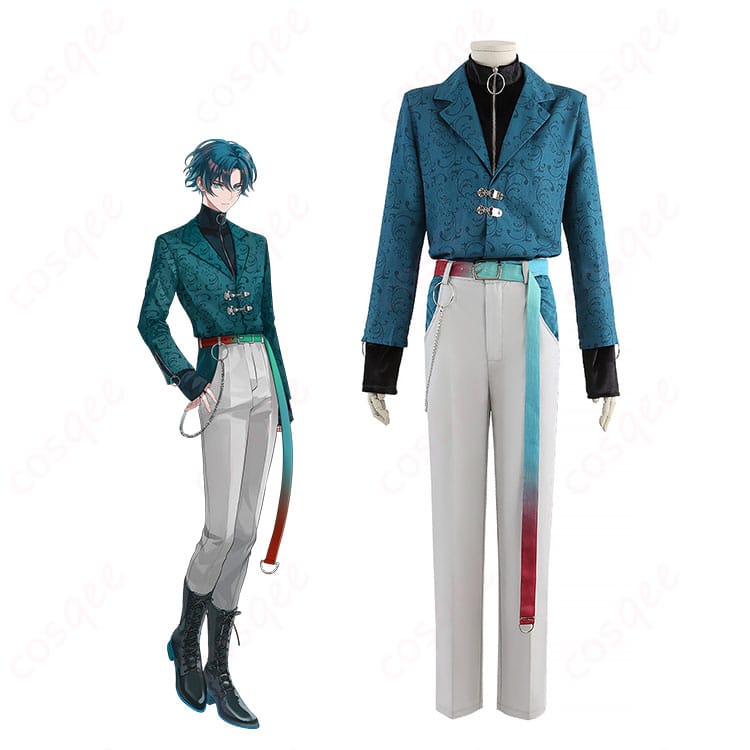 STRANGE EDEN 橘孝星のステージ衣装を着用した全身イメージ。黒基調コートと金属アクセが映えるクールなスタイル。