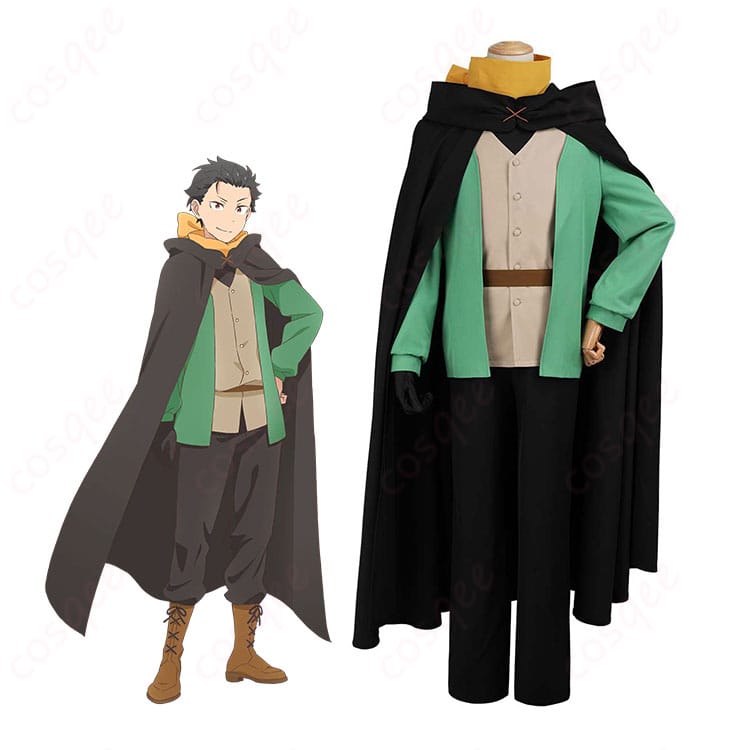 ナツキ・スバル新衣装の全身イメージとCOSQEE製コスプレ衣装セットの組み合わせ写真