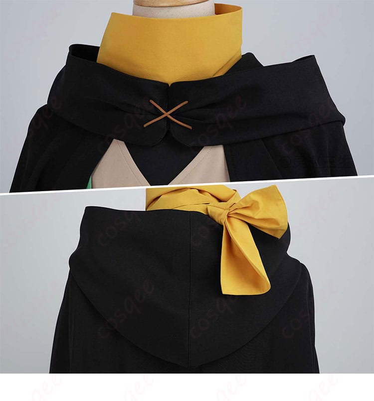 マントの襟元ディテール(スヌードとの重なりとネックラインの形状)